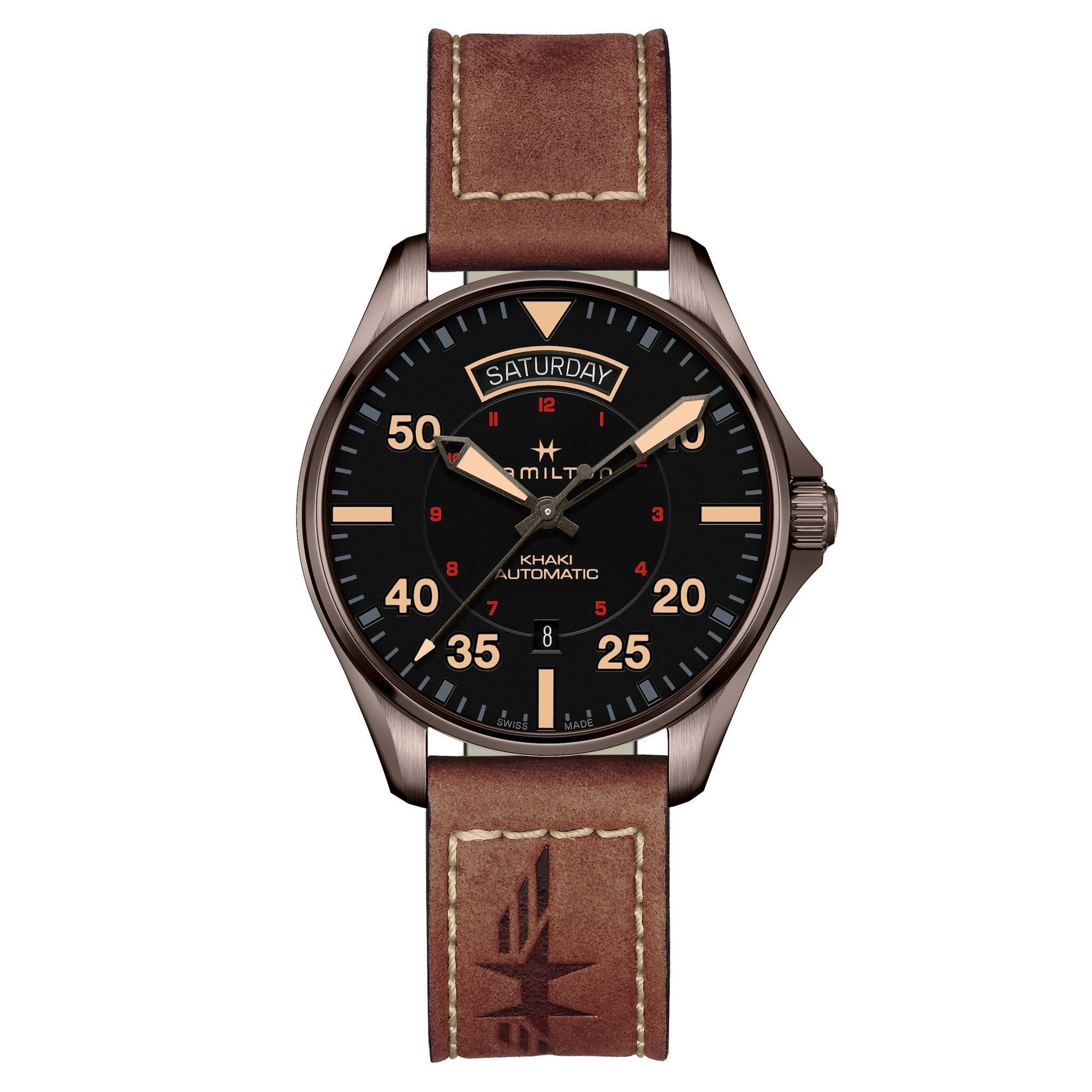 Hamilton Men's Swiss Automatic Khaki Pilot Brown Leather Strap Watch 42mm H64605531
