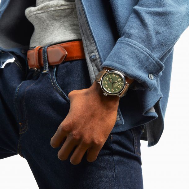 Shinola The Runwell Olive Dial and Brown Leather Strap Watch | 47mm | S0120250579